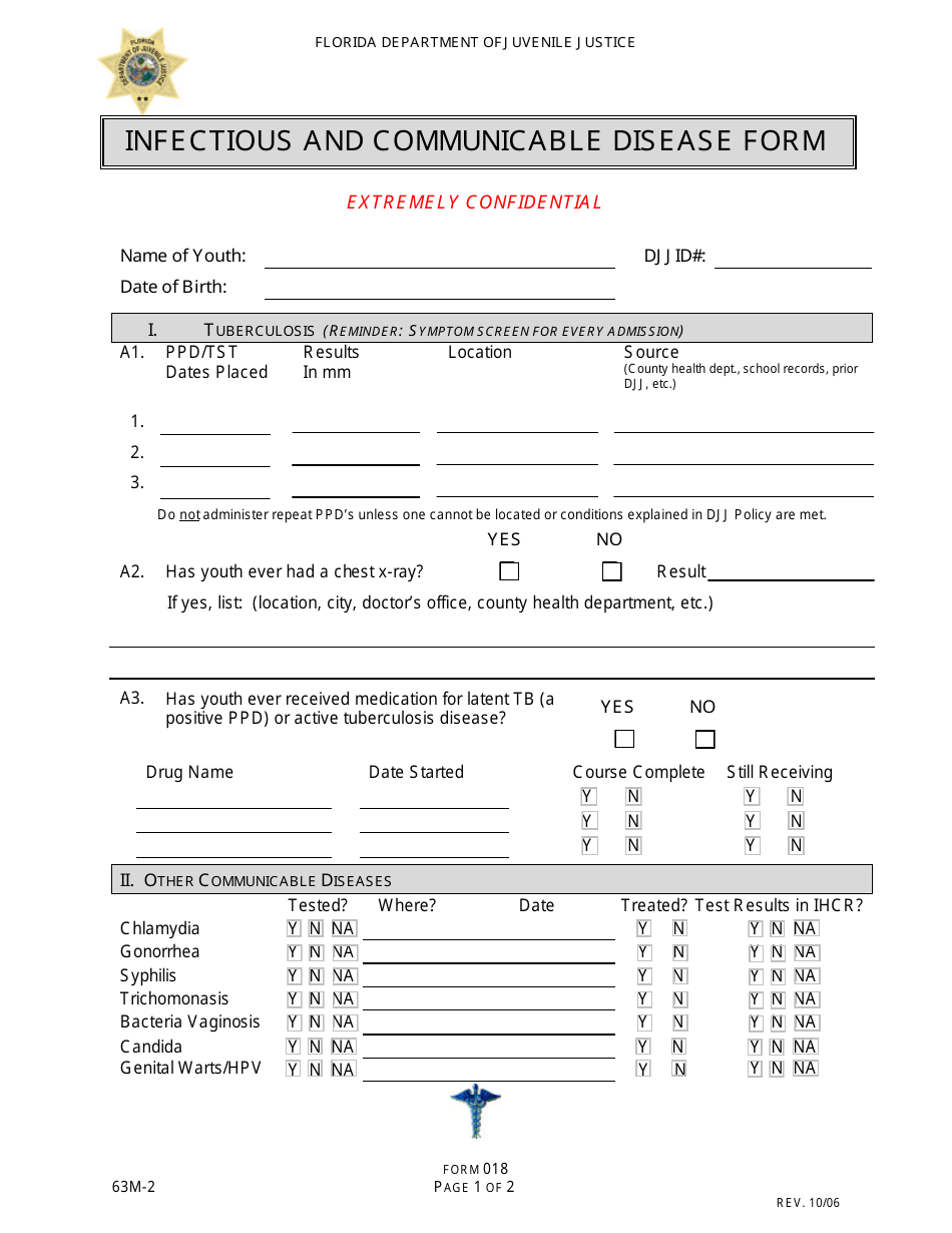 DJJ Form HS018 Infectious and Communicable Disease Form - Florida, Page 1