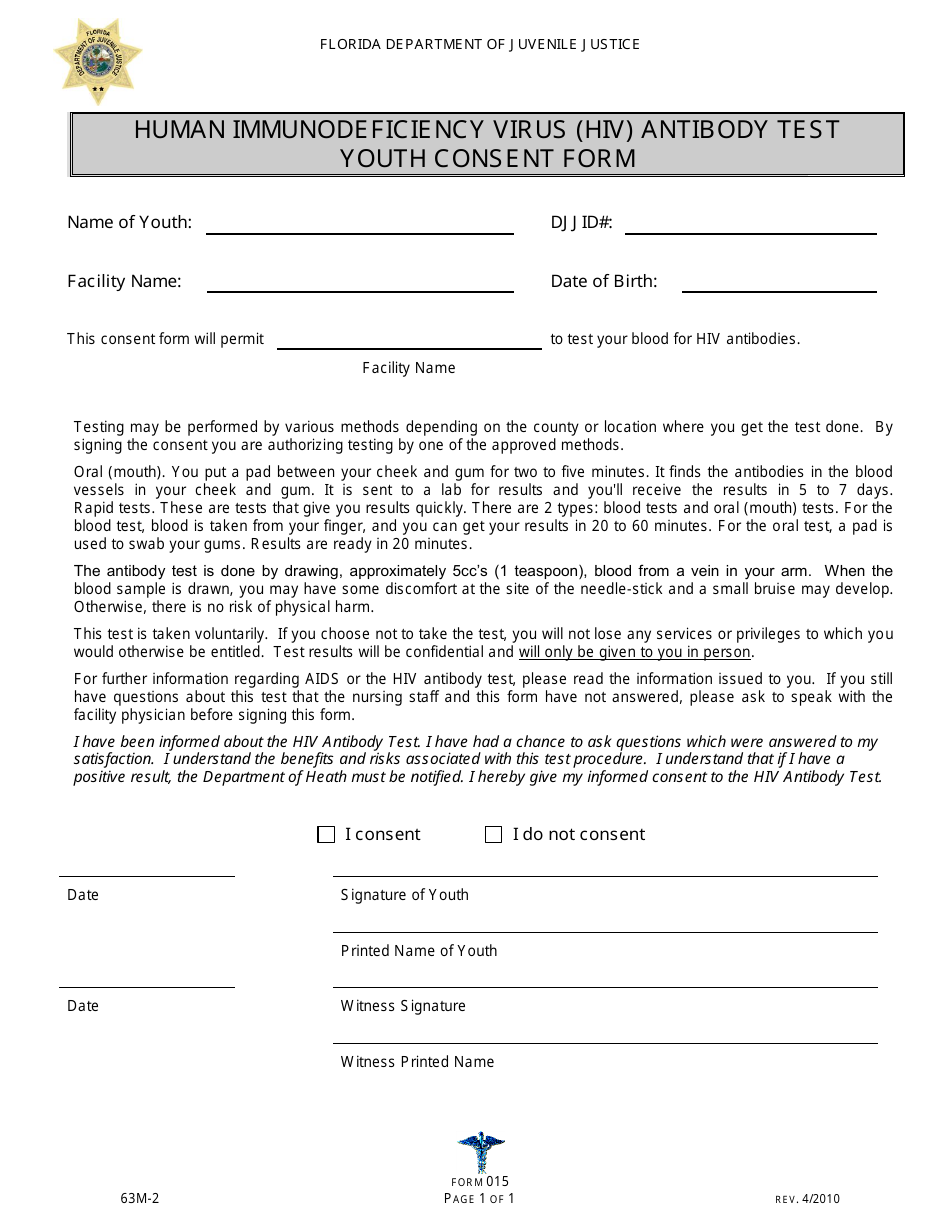 DJJ Form HS015 Human Immunodeficiency Virus (HIV) Antibody Test Youth Consent Form - Florida, Page 1