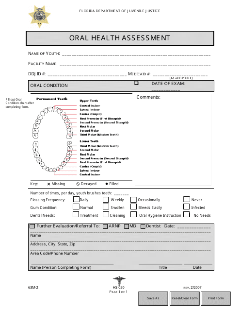 DJJ Form HS050 Oral Health Assessment - Florida