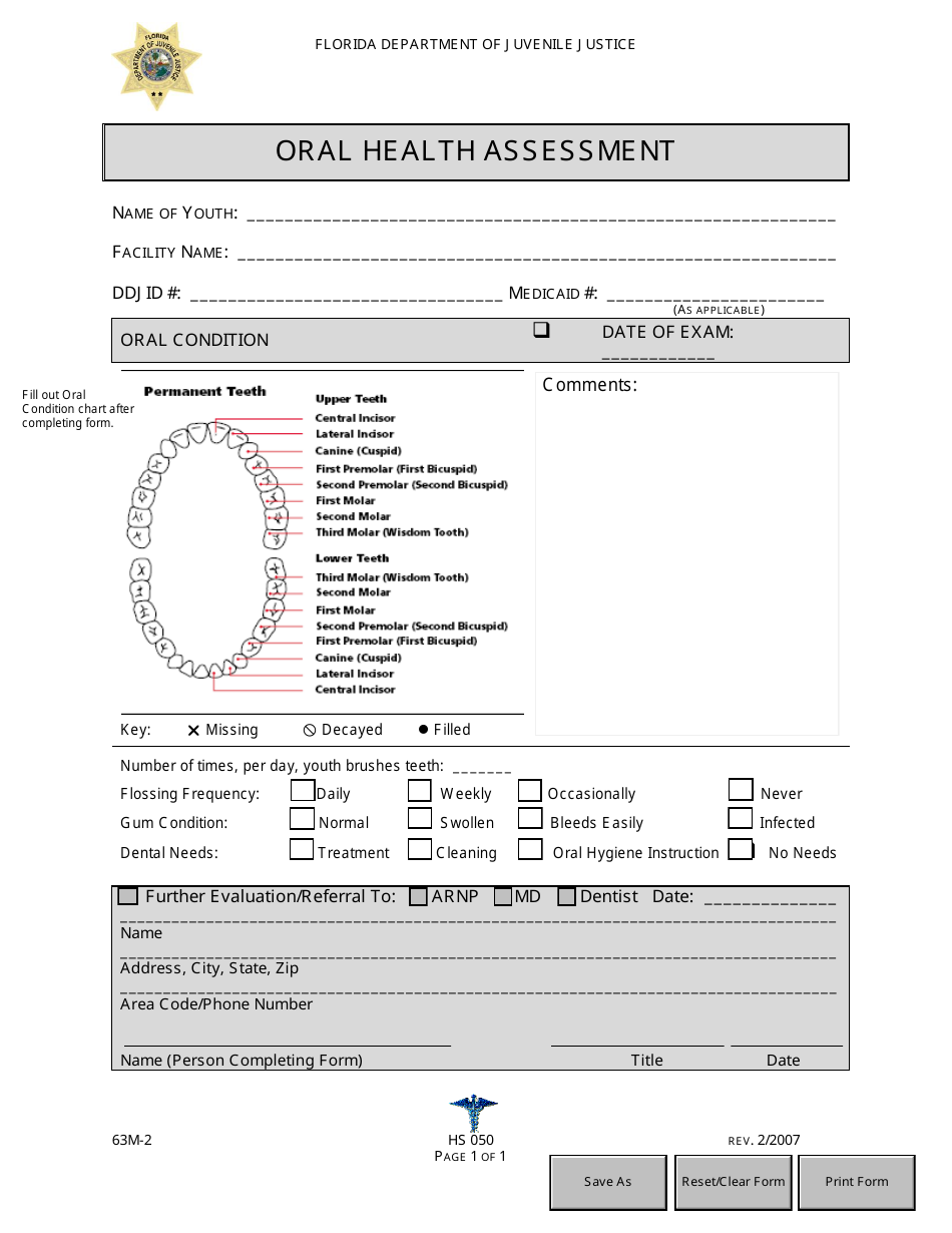 DJJ Form HS050 Oral Health Assessment - Florida, Page 1