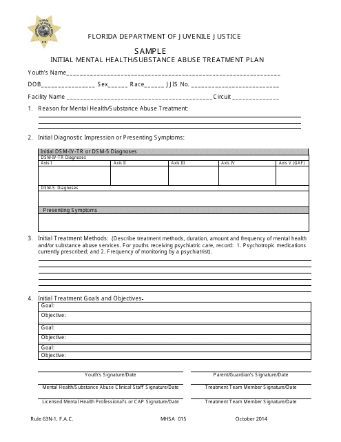 DJJ Form MHSA015 Initial Mental Health/Substance Abuse Treatment Plan - Sample - Florida