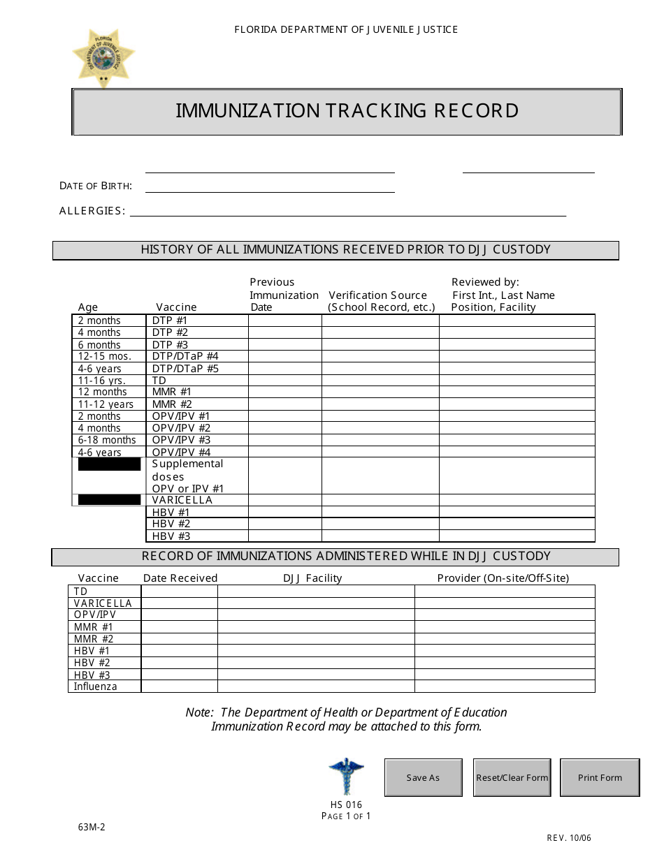 DJJ Form HS016 Immunization Tracking Record - Florida, Page 1