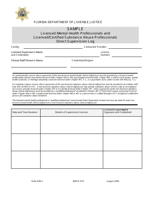 DJJ Form MHSA019 Licensed Mental Health Professionals and Licensed/Certified Substance Abuse Professionals Direct Supervision Log - Sample - Florida