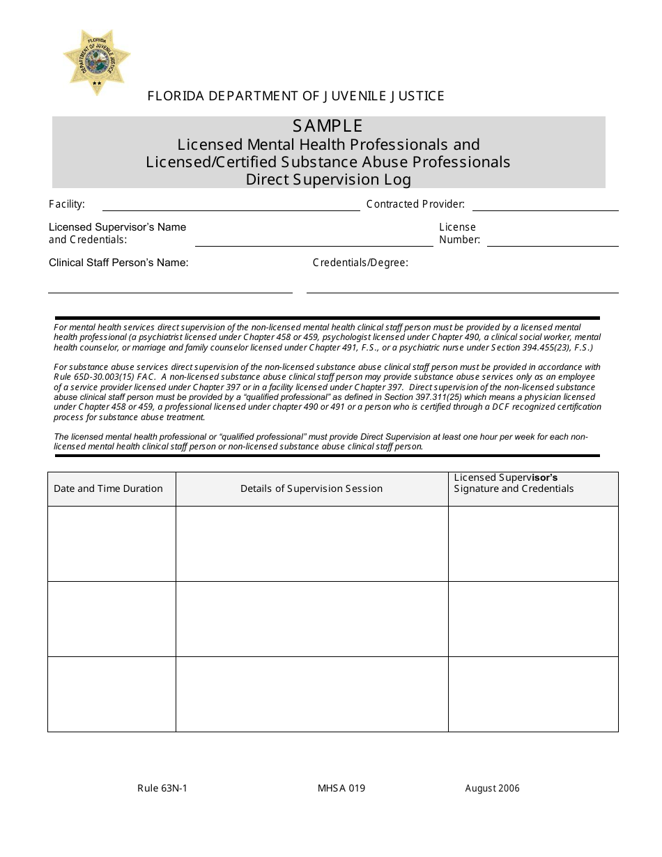 DJJ Form MHSA019 Licensed Mental Health Professionals and Licensed / Certified Substance Abuse Professionals Direct Supervision Log - Sample - Florida, Page 1