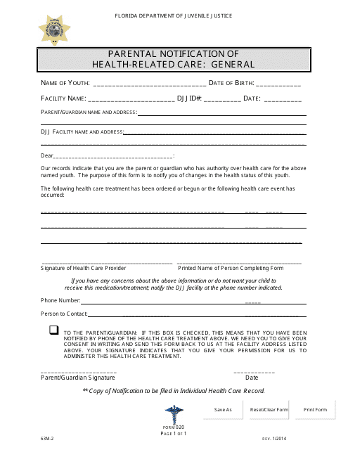 DJJ Form HS020 Parental Notification of Health-Related Care: General - Florida