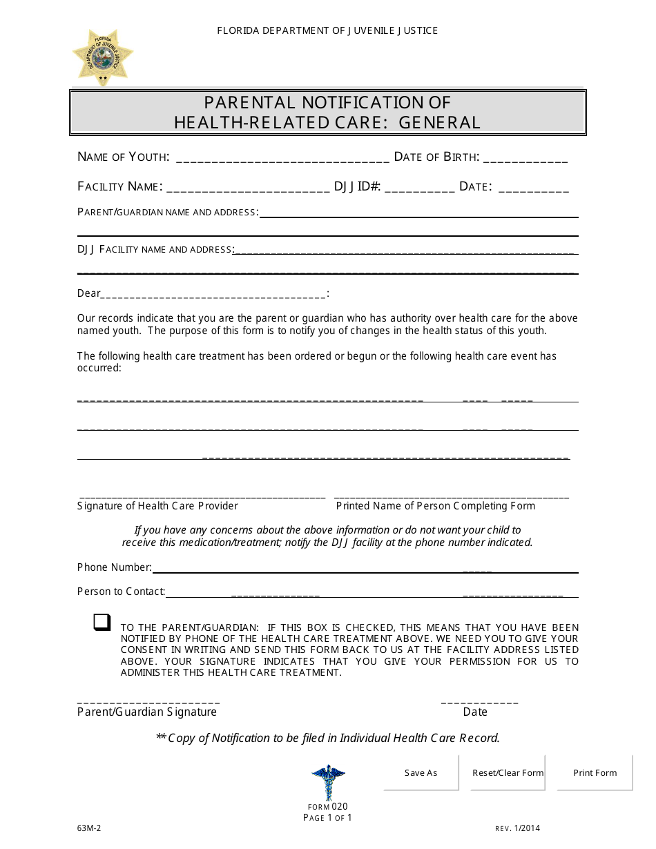DJJ Form HS020 Parental Notification of Health-Related Care: General - Florida, Page 1