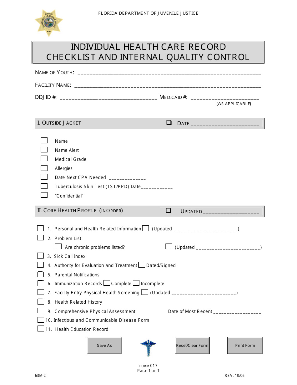 DJJ Form HS017 Individual Health Care Record Checklist and Internal Quality Control - Florida, Page 1
