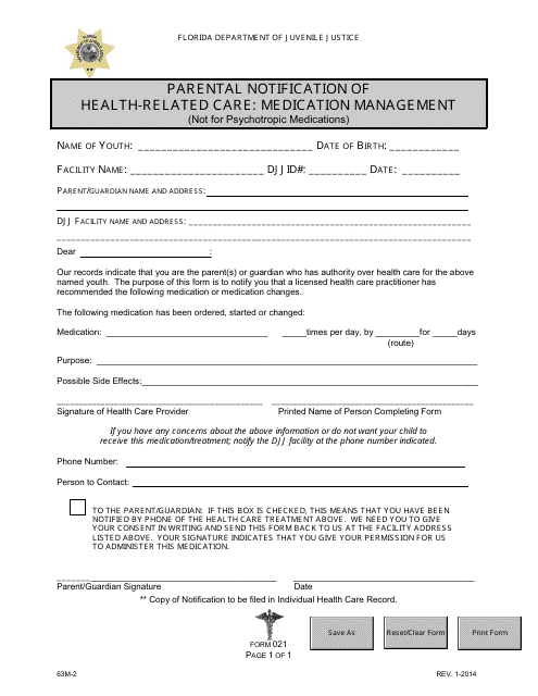 DJJ Form HS021 Parental Notification of Health-Related Care: Medication Management - Florida