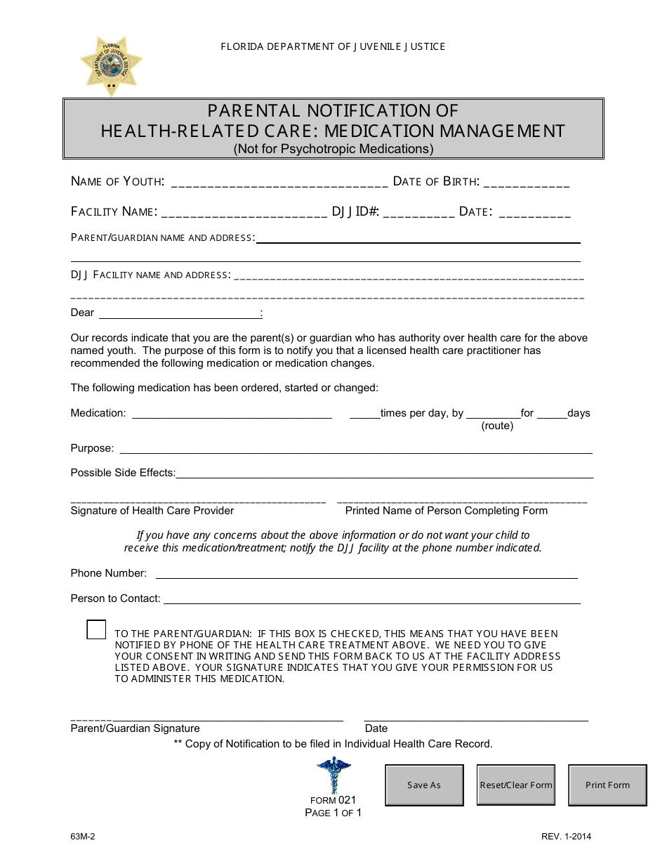 DJJ Form HS021 Parental Notification of Health-Related Care: Medication Management - Florida, Page 1