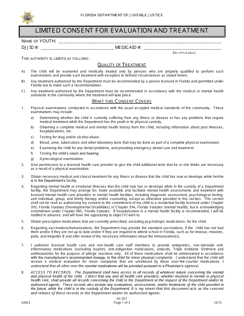 DJJ Form HS057 Limited Consent for Evaluation and Treatment - Florida