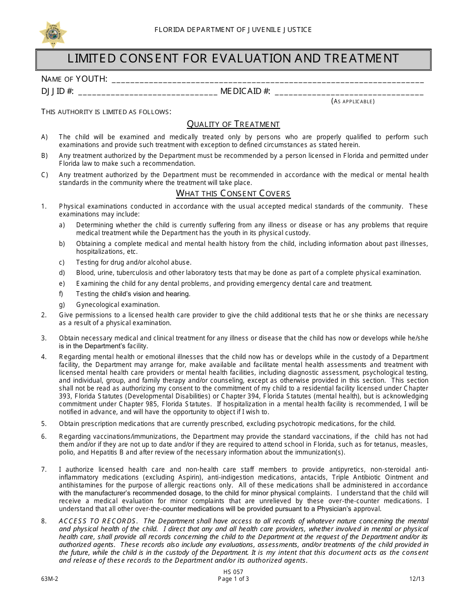 DJJ Form HS057 Limited Consent for Evaluation and Treatment - Florida, Page 1