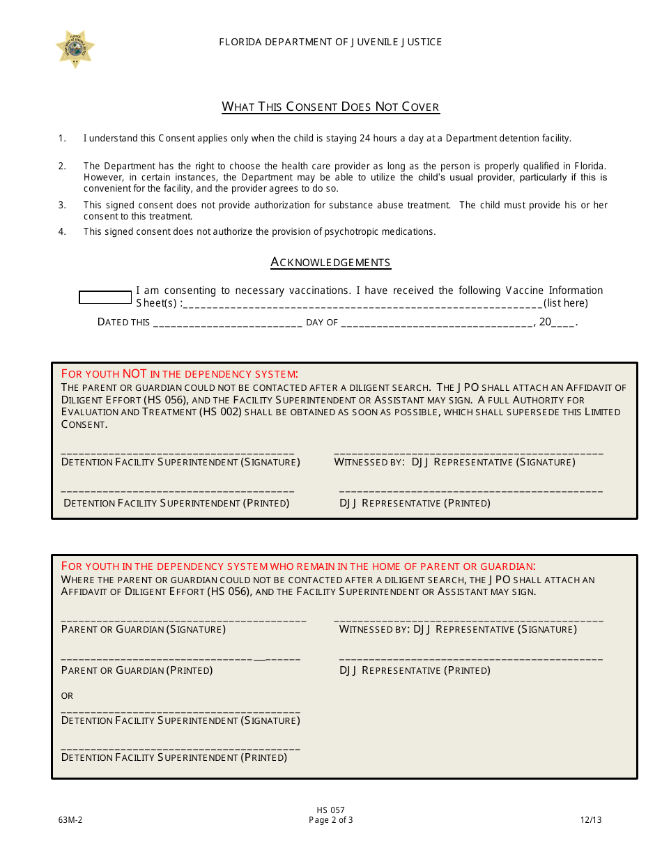 DJJ Form HS057 Limited Consent for Evaluation and Treatment - Florida, Page 2