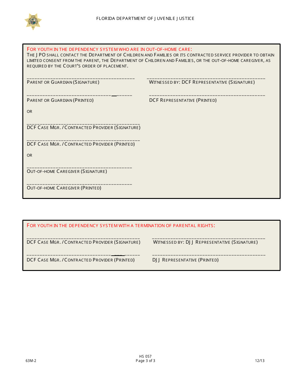 DJJ Form HS057 Limited Consent for Evaluation and Treatment - Florida, Page 3