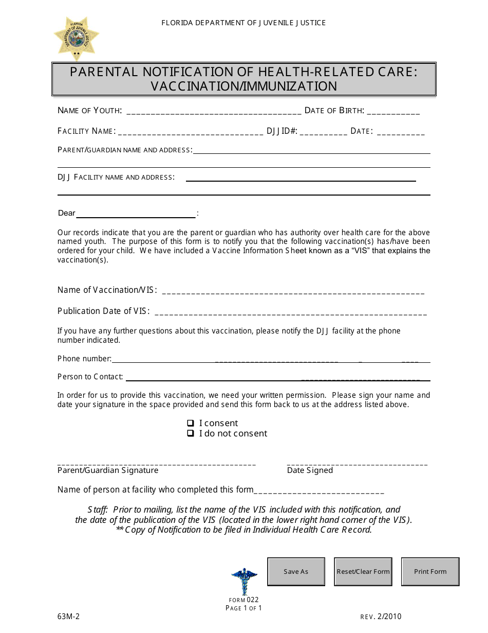 DJJ Form HS022 Parental Notification of Health-Related Care: Vaccination / Immunization - Florida, Page 1