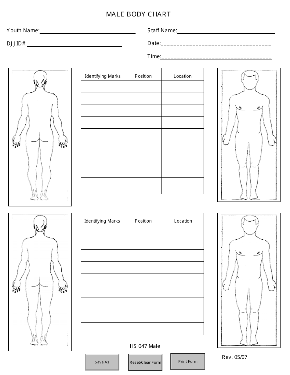 DJJ Form HS047 Male Body Chart - Florida, Page 1