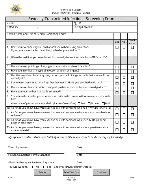 DJJ Form HS-029 Sexually Transmitted Infections Screening Form - Florida