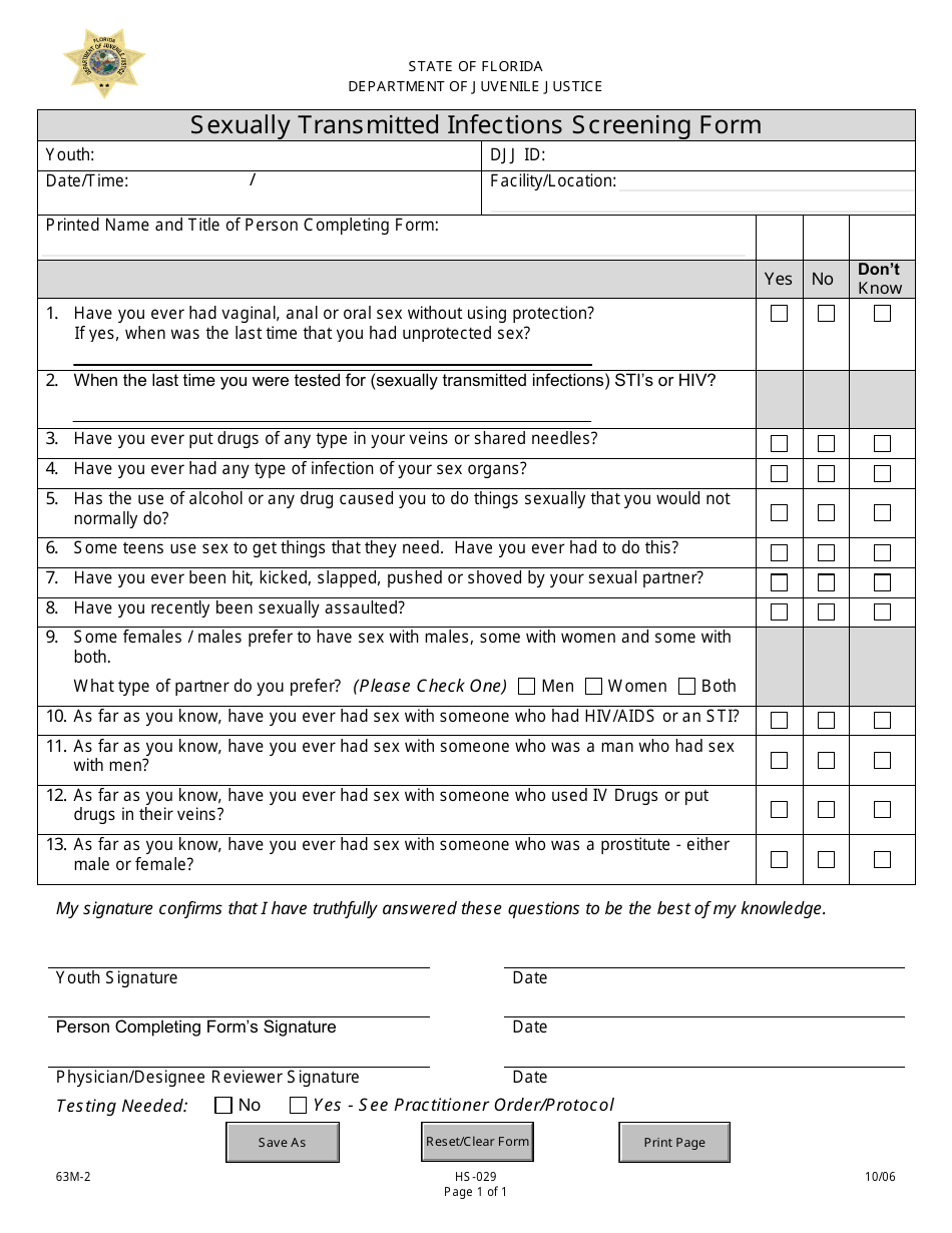DJJ Form HS-029 Sexually Transmitted Infections Screening Form - Florida, Page 1