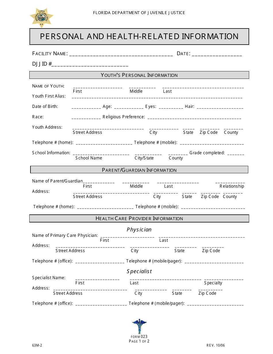 DJJ Form HS023 Personal and Health-Related Information - Florida, Page 1
