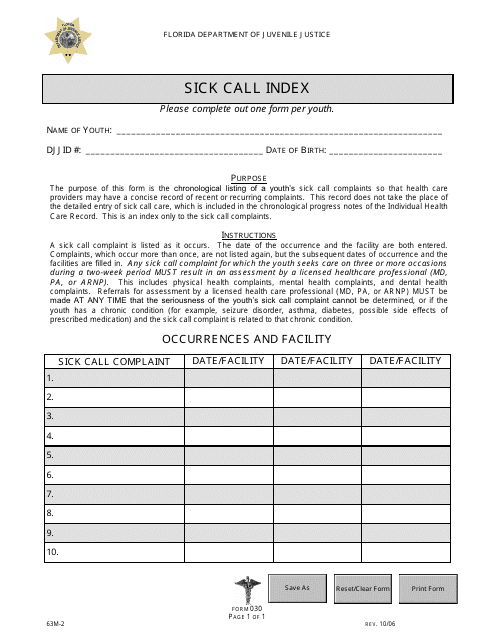DJJ Form HS030 Sick Call Index - Florida