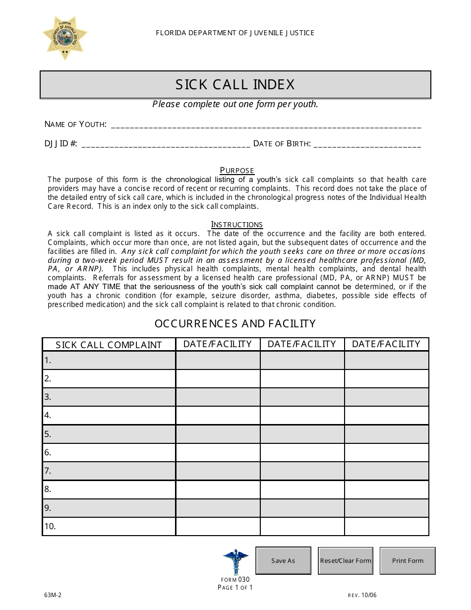 DJJ Form HS030 Sick Call Index - Florida, Page 1