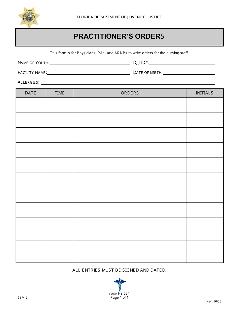 DJJ Form HS024 Practitioners Orders - Florida, Page 1