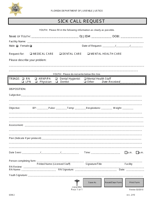 DJJ Form HS032 Sick Call Request - Florida