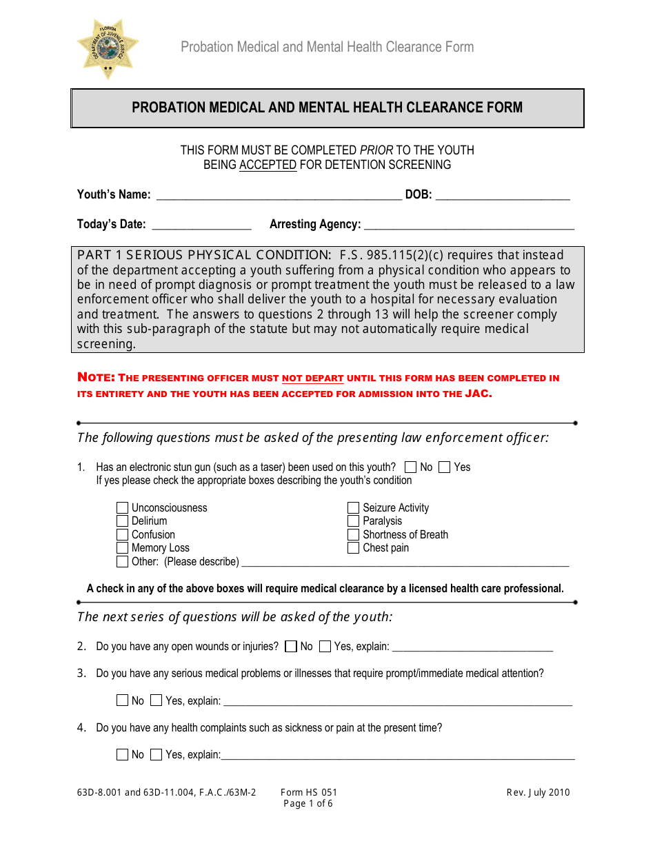 DJJ Form HS051 Probation Medical and Mental Health Clearance Form - Florida, Page 1