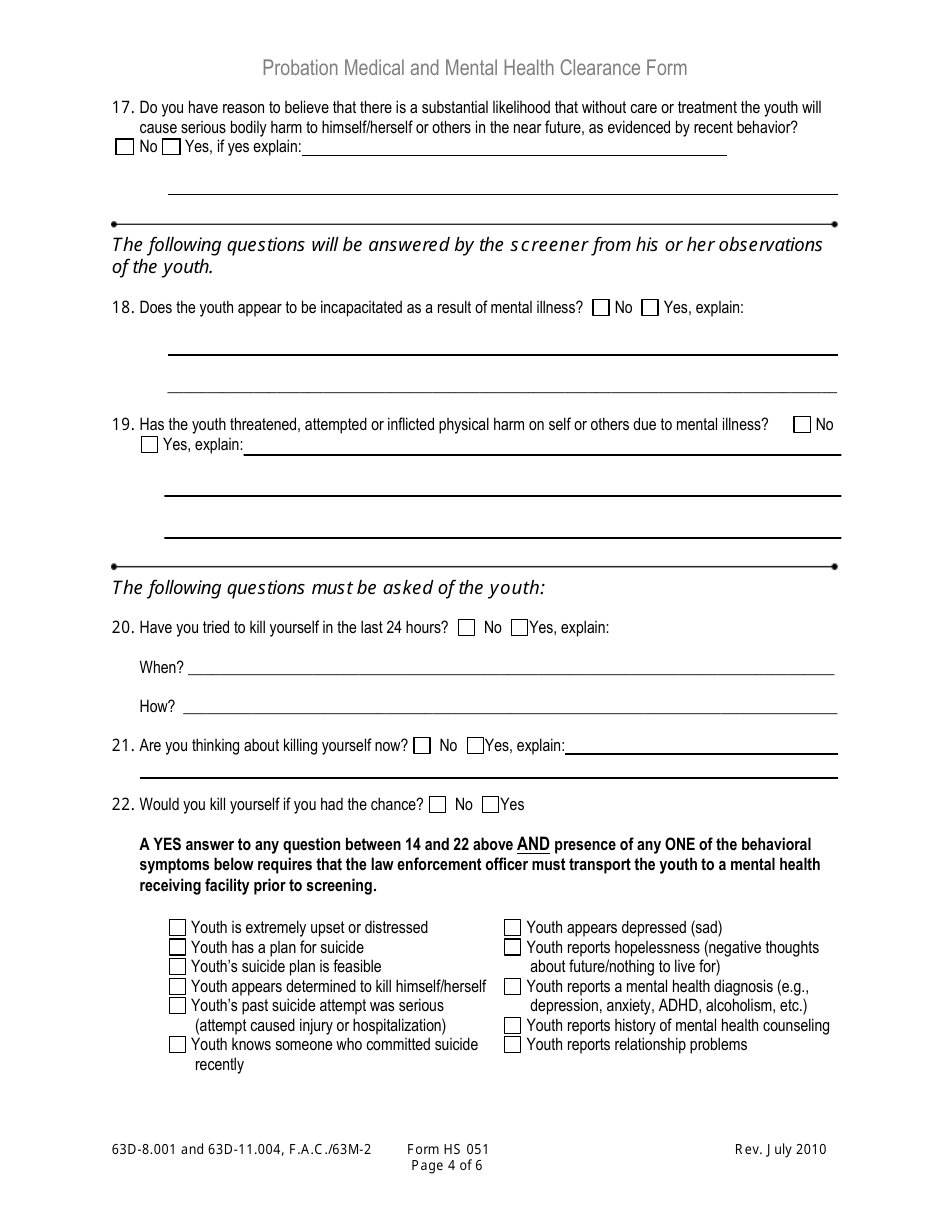 DJJ Form HS051 Probation Medical and Mental Health Clearance Form - Florida, Page 4