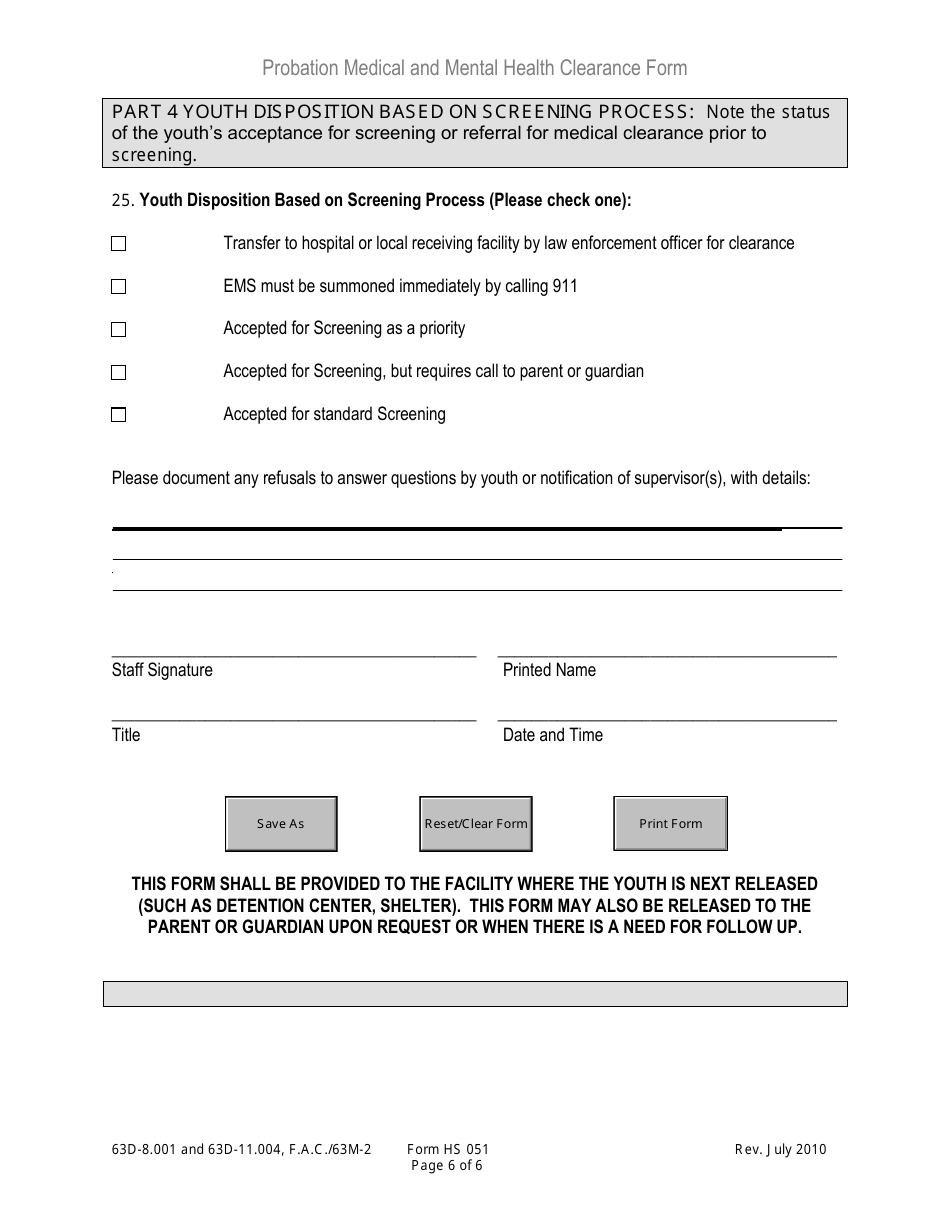 DJJ Form HS051 Probation Medical and Mental Health Clearance Form - Florida, Page 6