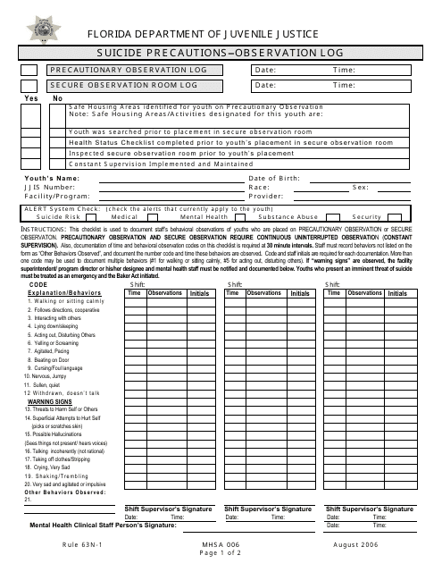 DJJ Form MHSA006 Suicide Precautions Observation Log - Florida