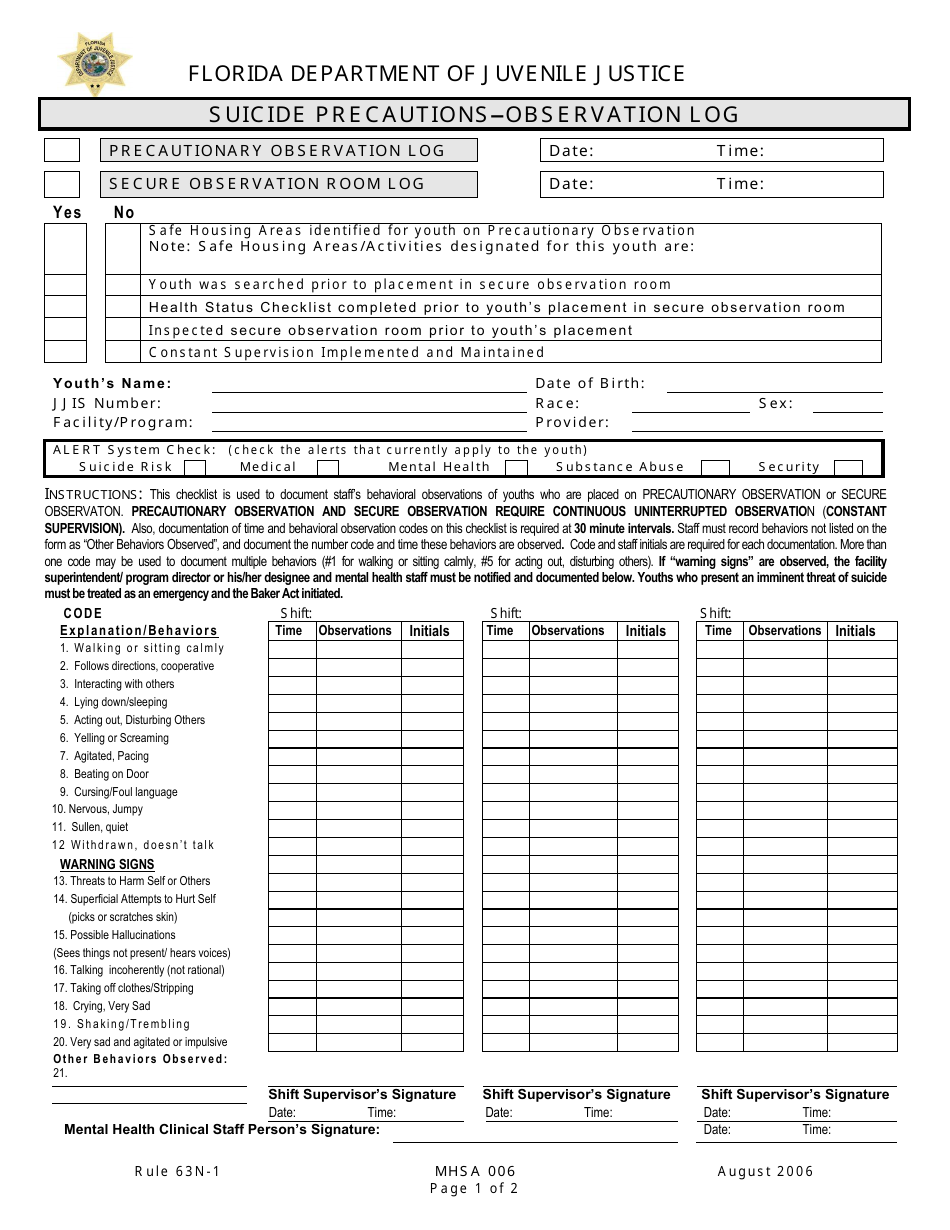 DJJ Form MHSA006 Suicide Precautions Observation Log - Florida, Page 1