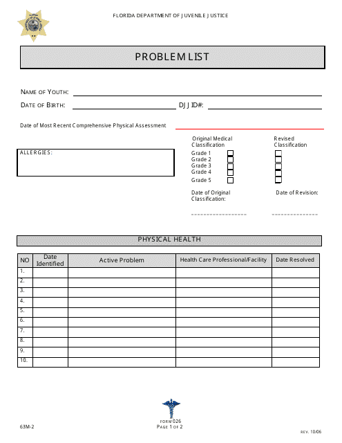DJJ Form HS026 Problem List - Florida