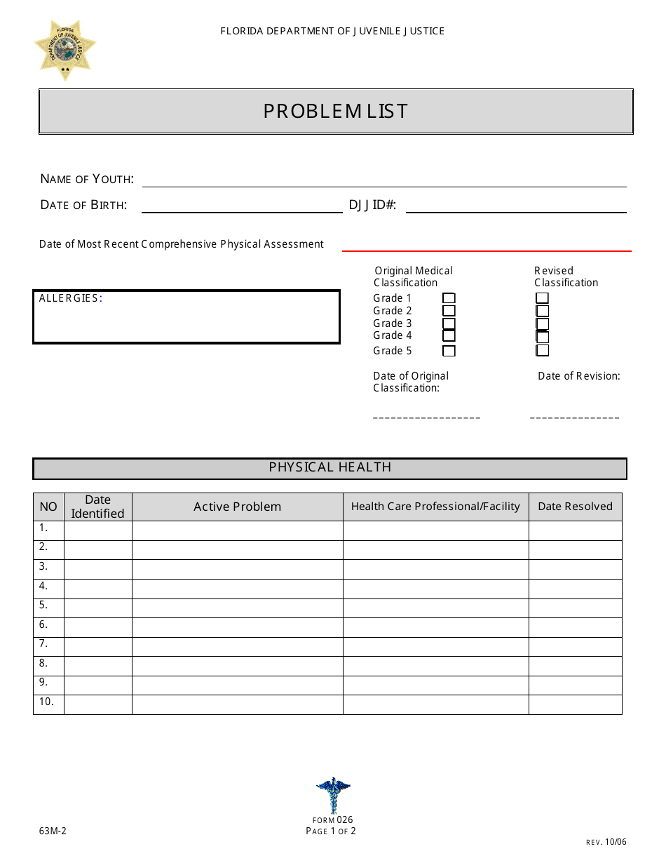 DJJ Form HS026 Problem List - Florida, Page 1