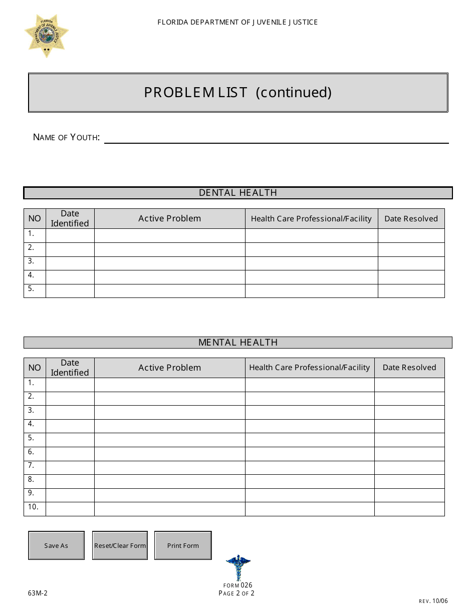 DJJ Form HS026 Problem List - Florida, Page 2