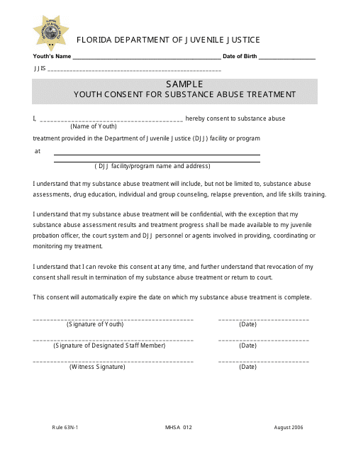 DJJ Form MHSA012 Youth Consent for Substance Abuse Treatment - Sample - Florida