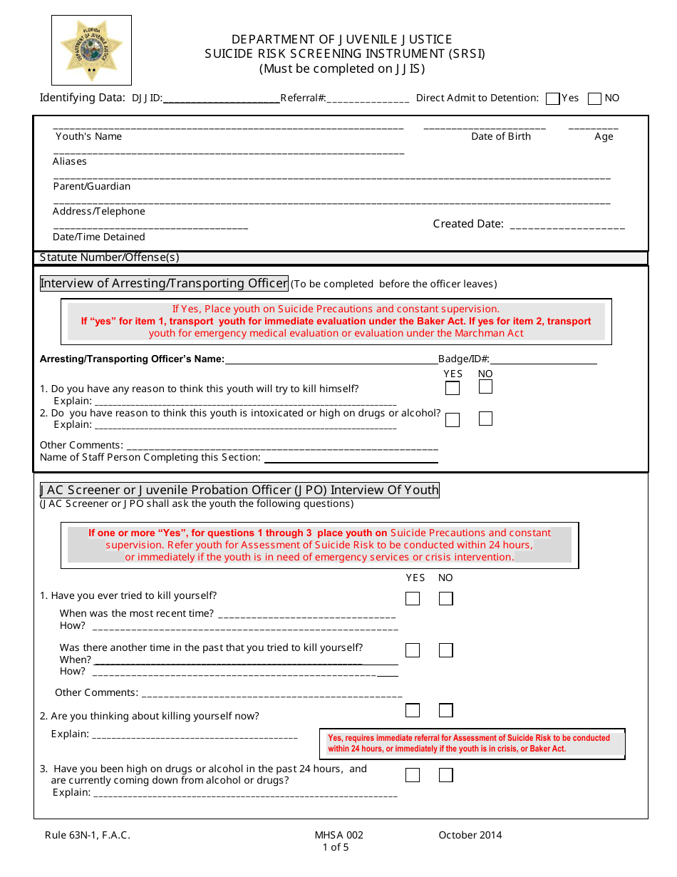 DJJ Form MHSA002 Suicide Risk Screening Instrument (Srsi) - Florida, Page 1