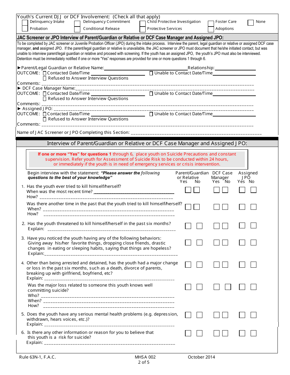 DJJ Form MHSA002 Suicide Risk Screening Instrument (Srsi) - Florida, Page 2
