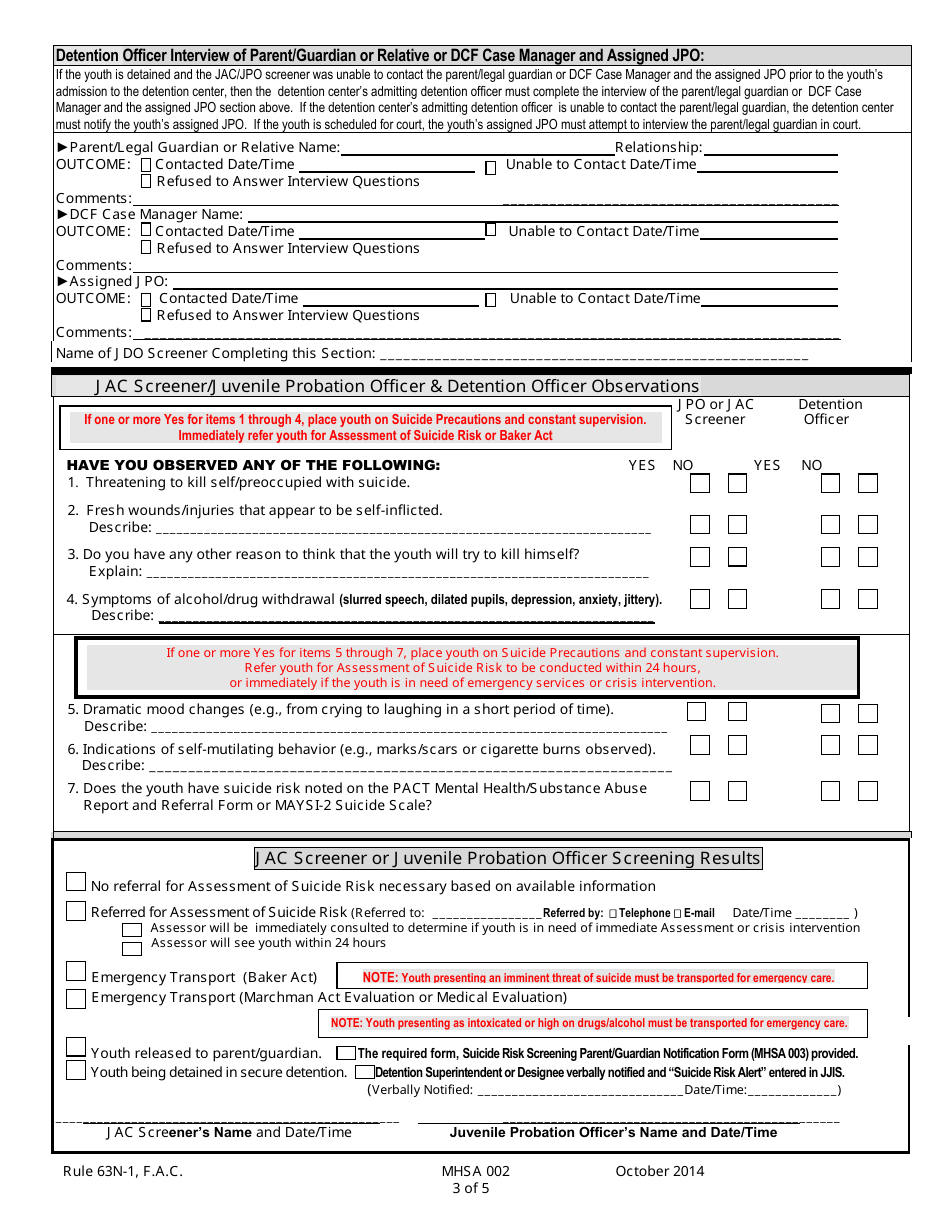 DJJ Form MHSA002 Suicide Risk Screening Instrument (Srsi) - Florida, Page 3