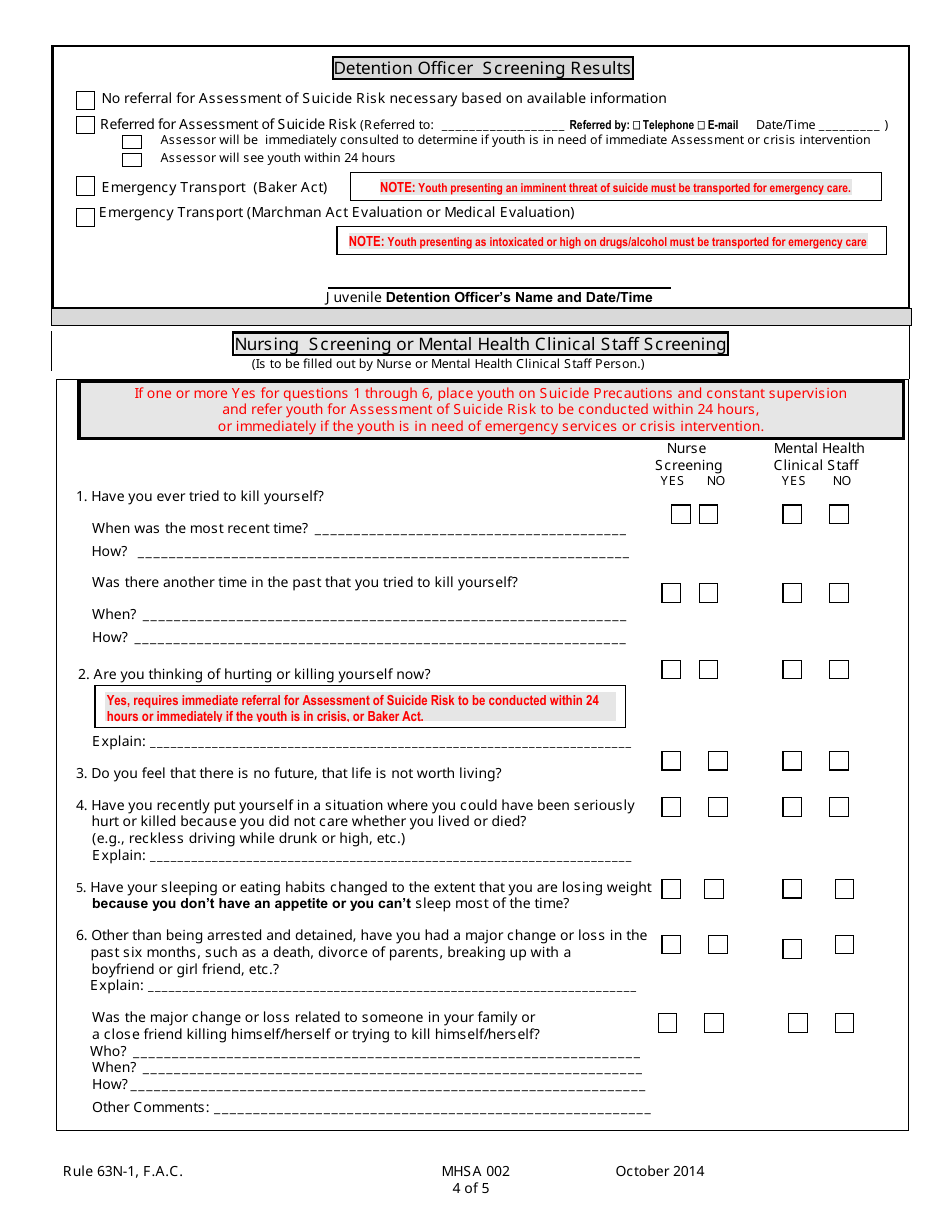 DJJ Form MHSA002 Suicide Risk Screening Instrument (Srsi) - Florida, Page 4