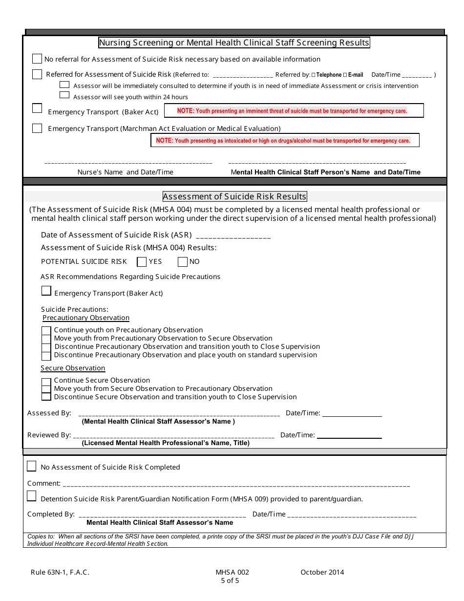 DJJ Form MHSA002 Suicide Risk Screening Instrument (Srsi) - Florida, Page 5