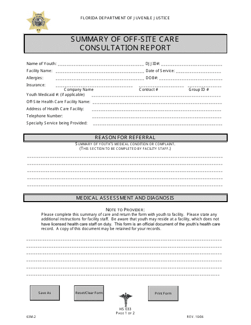 DJJ Form HS033 Summary of off-Site Care Consultation Report - Florida