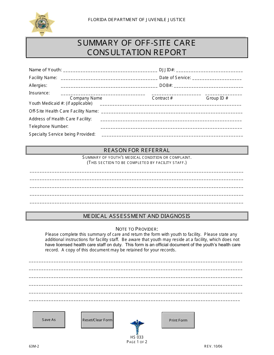 DJJ Form HS033 Summary of off-Site Care Consultation Report - Florida, Page 1