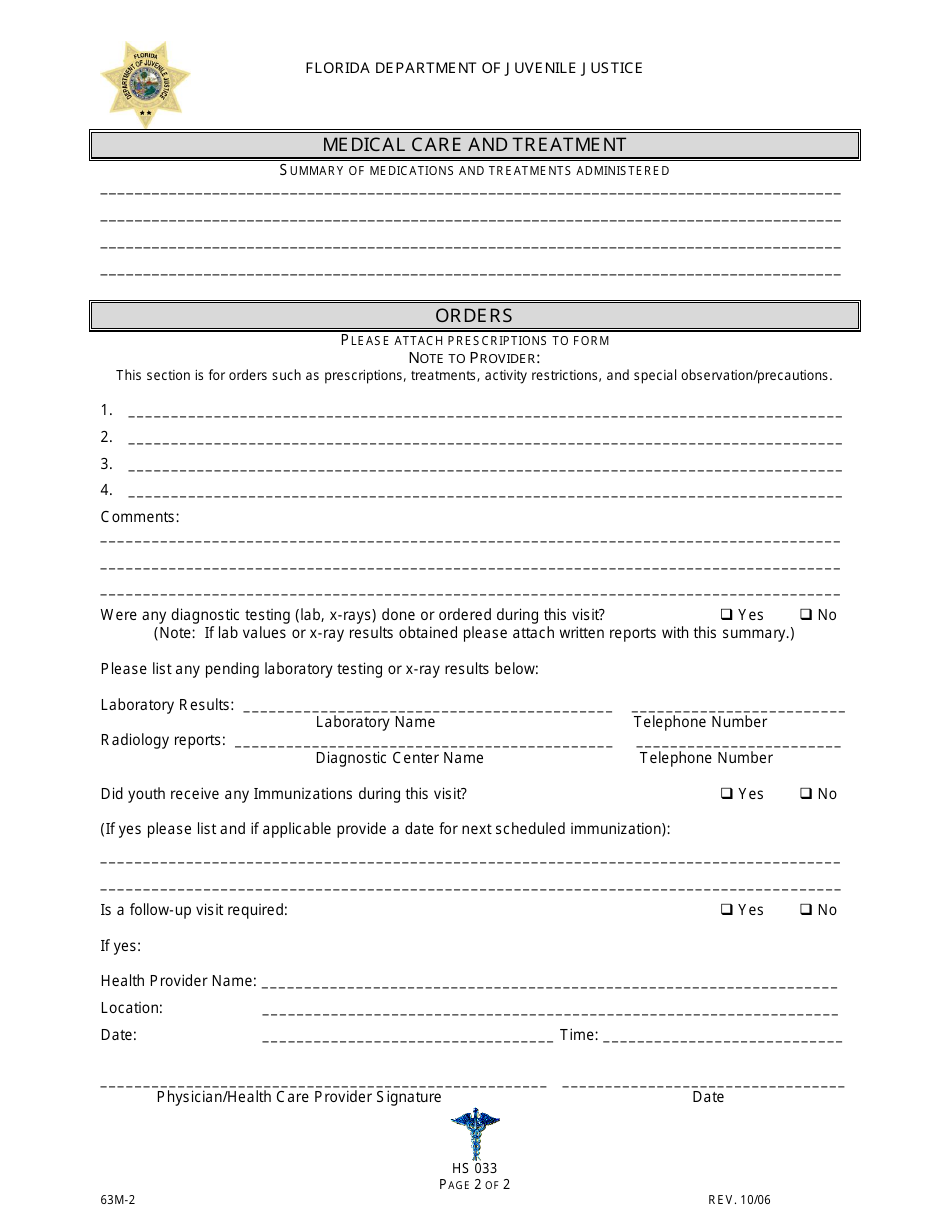 DJJ Form HS033 Summary of off-Site Care Consultation Report - Florida, Page 2