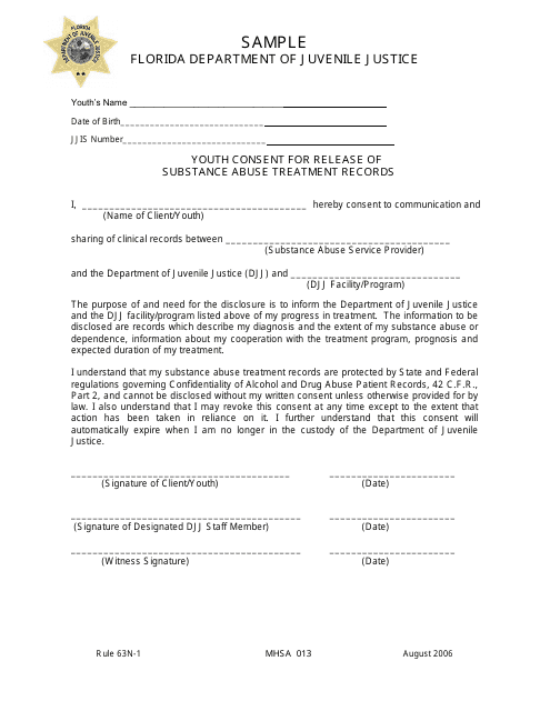 DJJ Form MHSA013 Youth Consent for Release of Substance Abuse Treatment Records - Sample - Florida