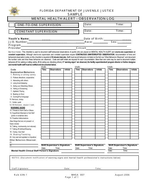 DJJ Form MHSA007 Observation Log - Mental Health Alert - Sample - Florida
