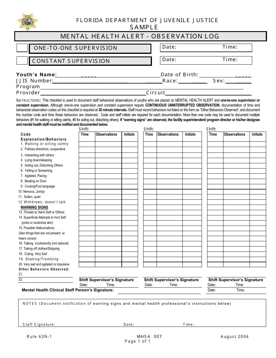DJJ Form MHSA007 Observation Log - Mental Health Alert - Sample - Florida, Page 1