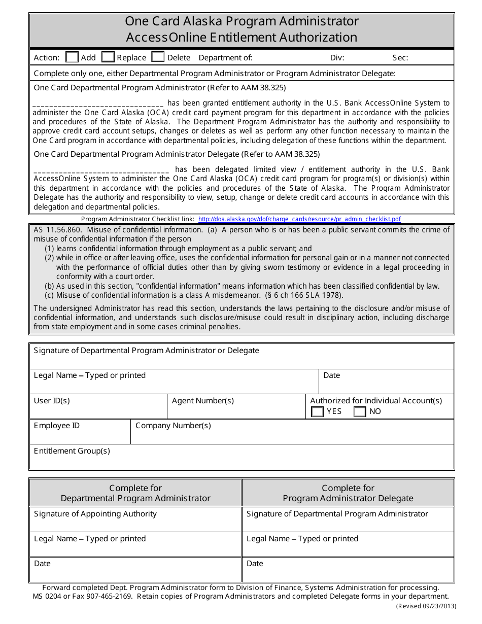 Alaska Accessonline Entitlement Authorization Form One Card Alaska
