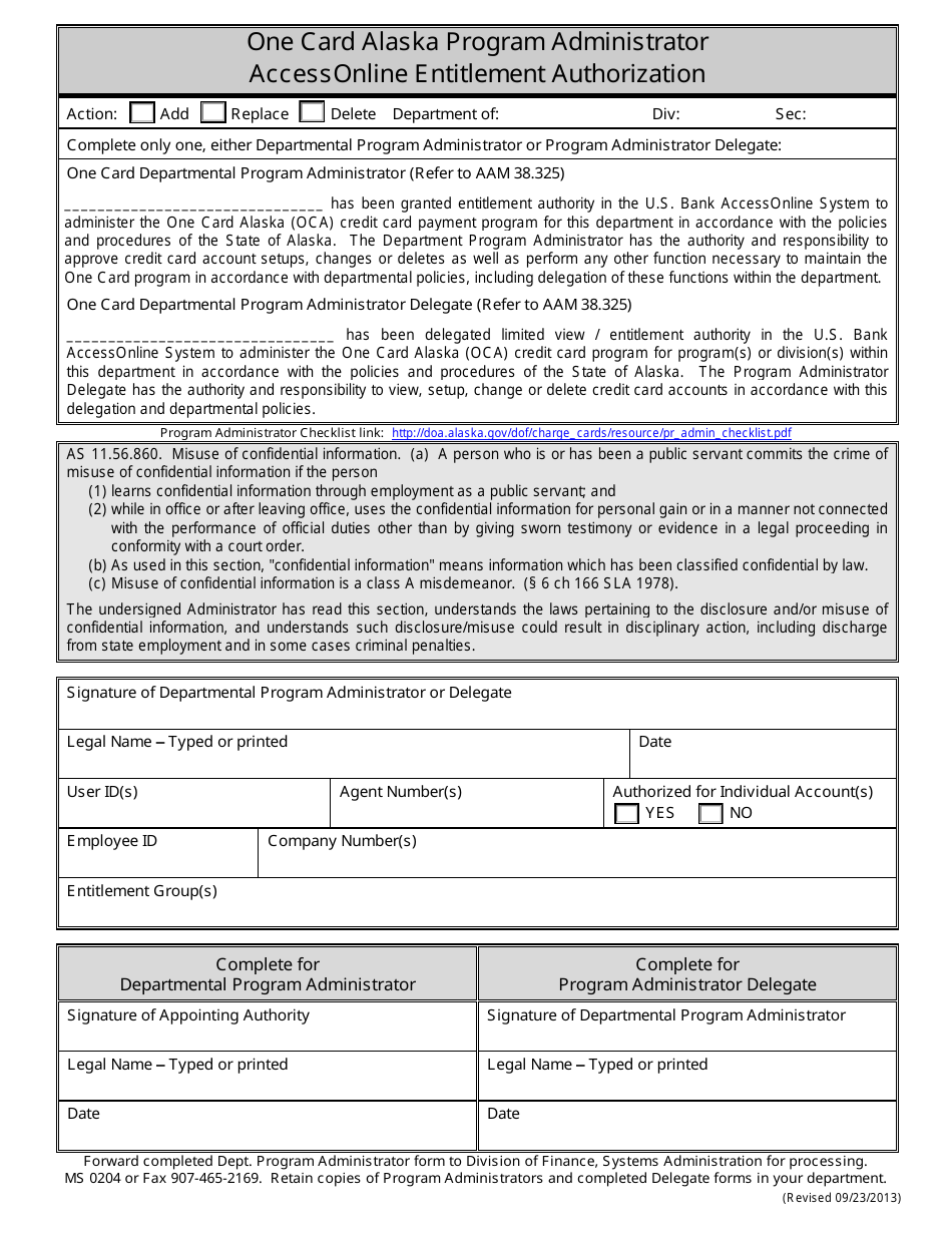 Accessonline Entitlement Authorization Form - One Card Alaska Program Administrator - Alaska, Page 1