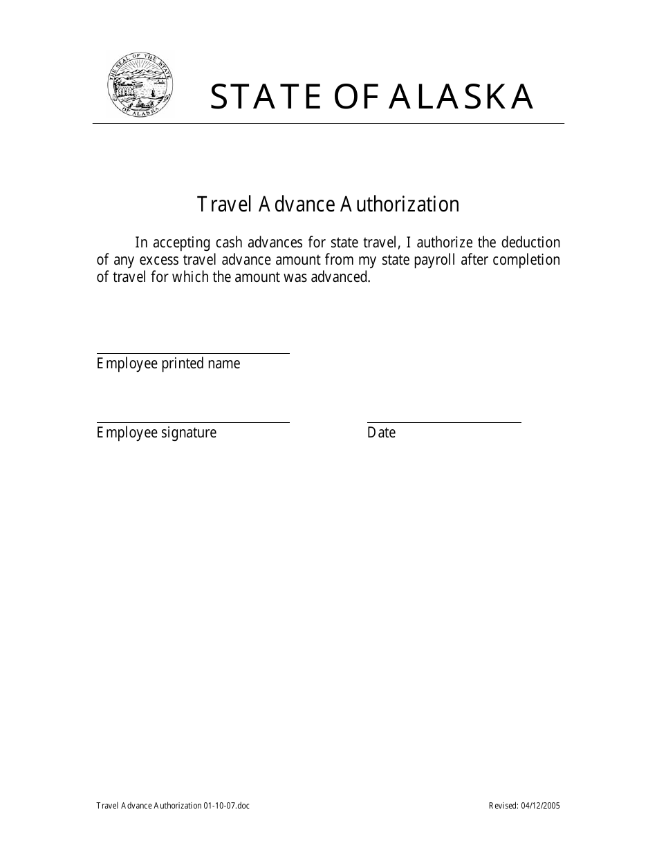 Travel Advance Authorization Form - Alaska, Page 1