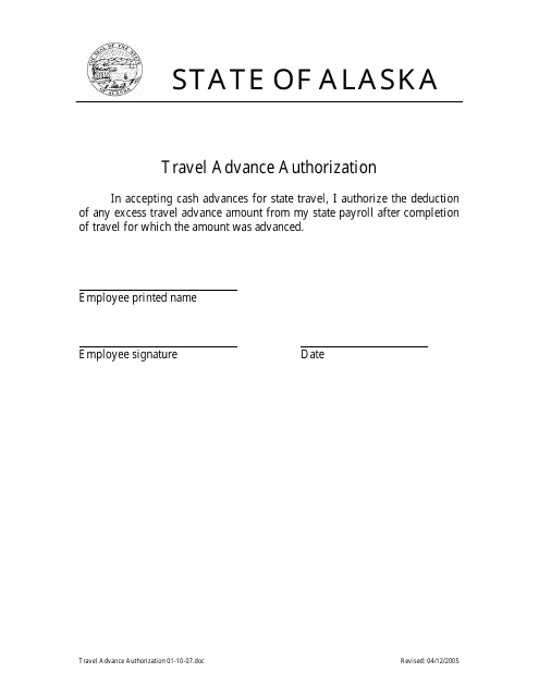 Travel Advance Authorization Form - Alaska